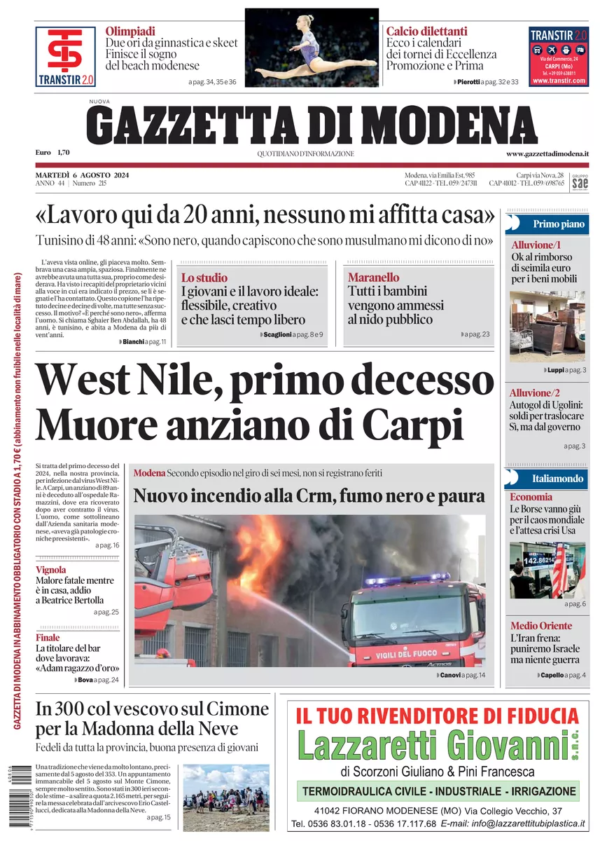 Prima-pagina-gazzetta di modena-oggi-edizione-del-2024-08-06